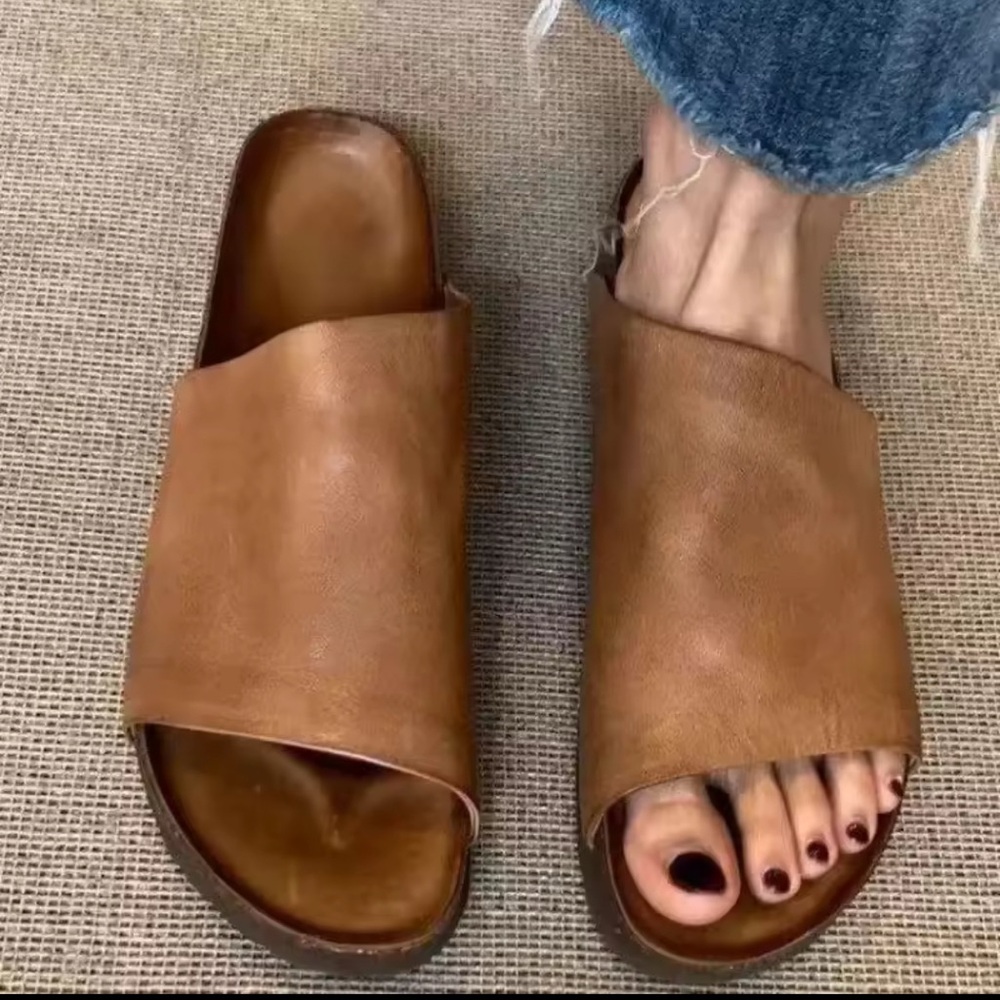Brown Leather Slide Sandals